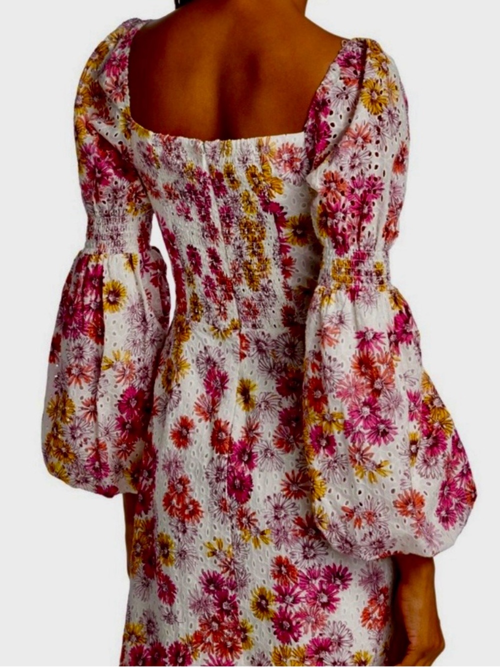 Wayf Somerset Puff Sleeve Cotton Eyelet Floral Print Minidress Pink Yellow White